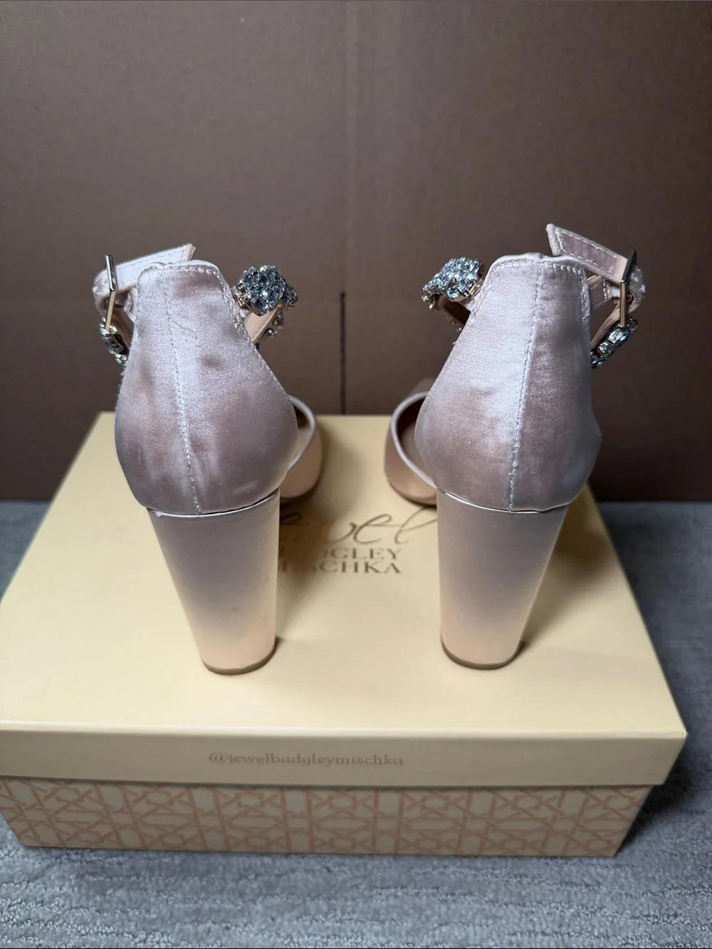 Jewel Badgley Mischka Blush Pink Satin Crystal-Ankle Heels 4 inch
